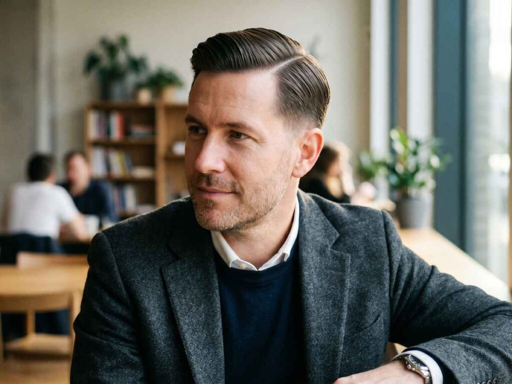 Man with a sleek comb-over, showcasing classic hairstyles for silky hair male.