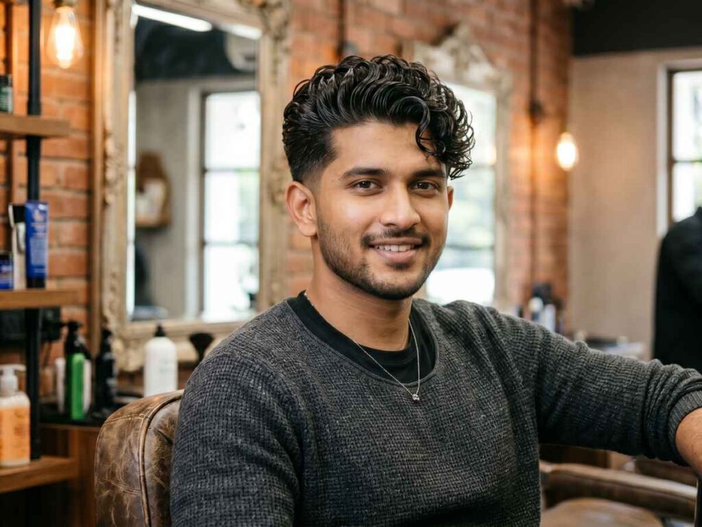 Young man modeling defined curls, highlighting popular hairstyles for silky hair male.