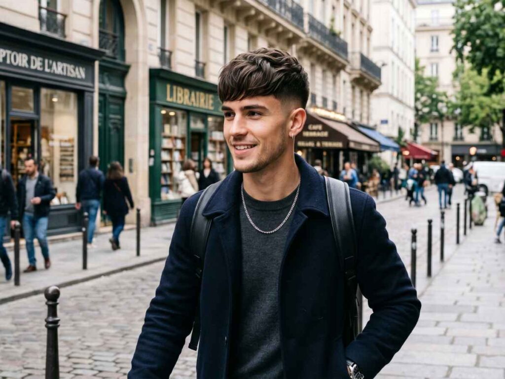Young man with a textured French crop, highlighting modern hairstyles for silky hair male.