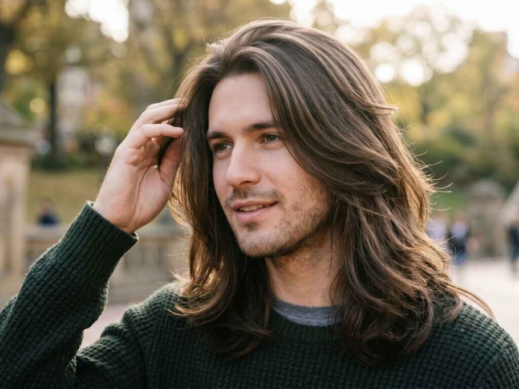 Long layered hairstyle for silky hair male with a middle part and soft waves at the ends