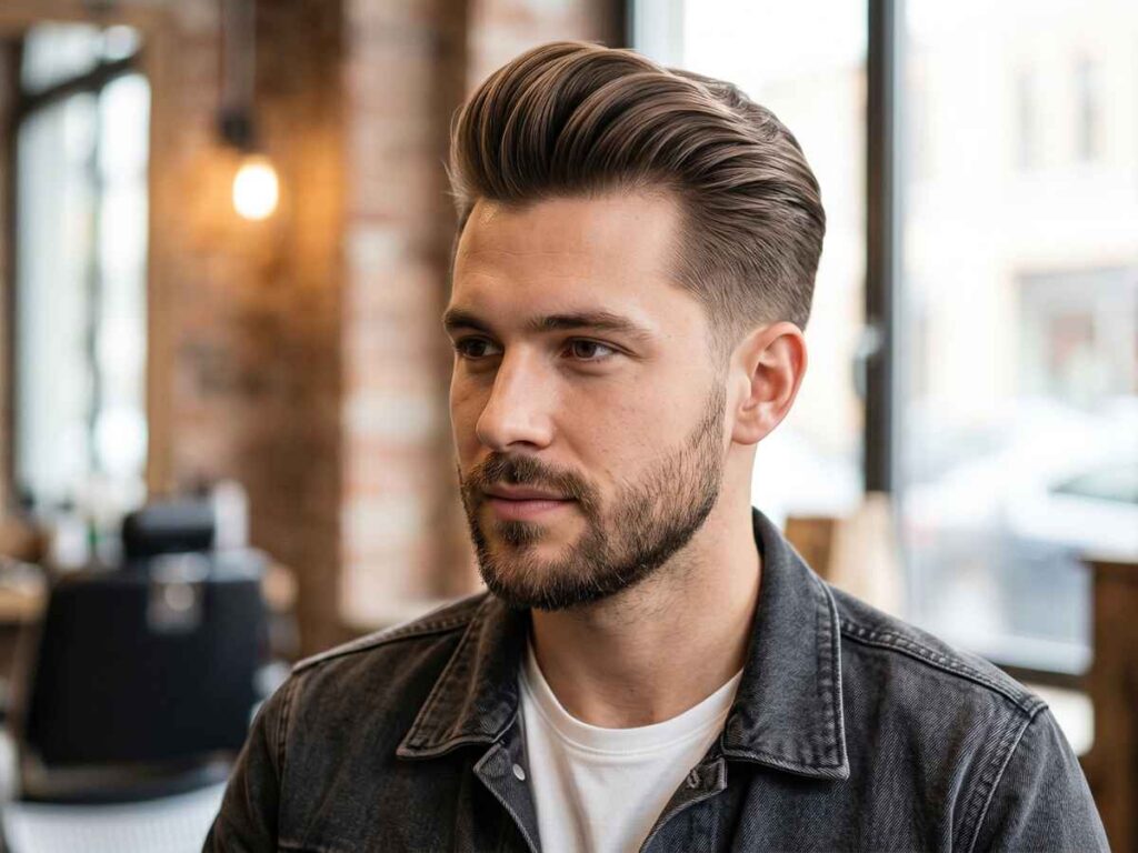 Pompadour hairstyle for silky hair male with voluminous swept back top and tapered sides