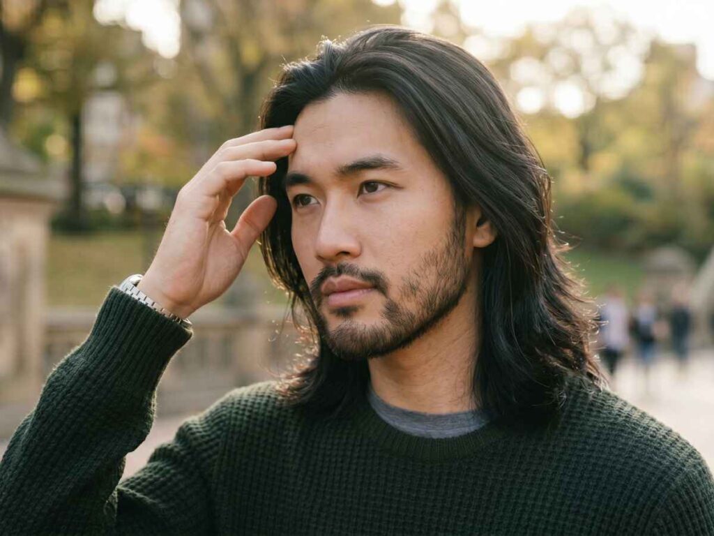 Long hairstyle for silky hair male pushed back from the forehead with natural flow