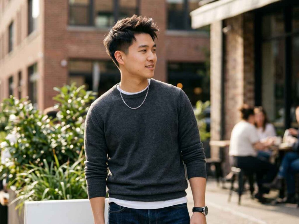 Man modeling soft spikes, showcasing modern hairstyles for silky hair male.