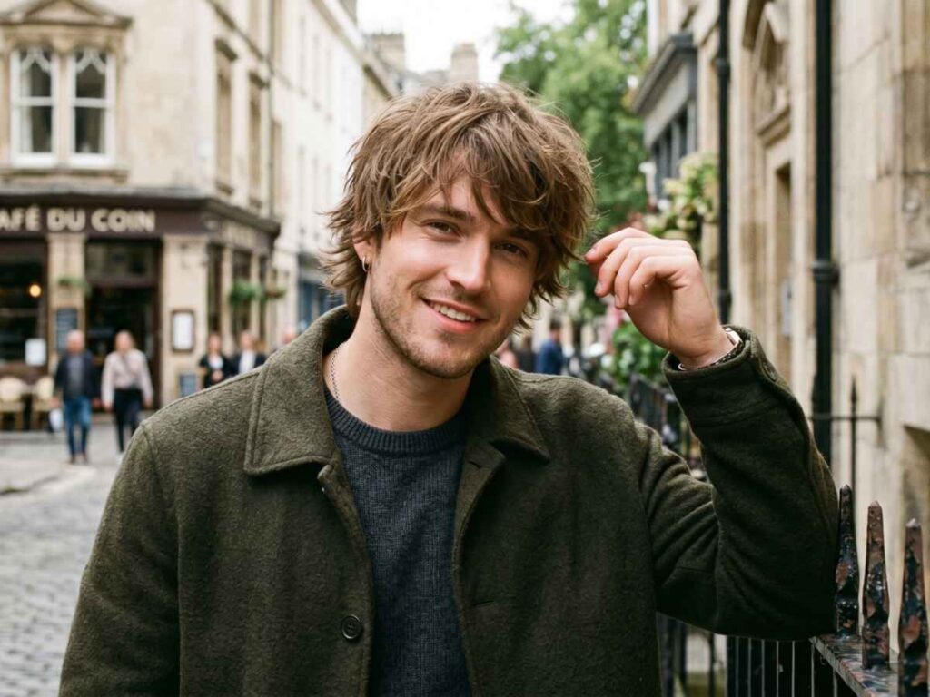 Man modeling a tousled shag, highlighting trendy hairstyles for silky hair male.