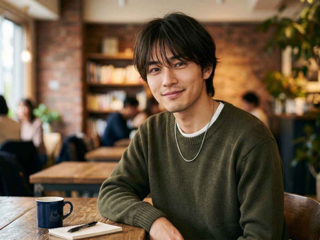 Man with a wispy fringe cut, showcasing modern hairstyles for silky hair male.