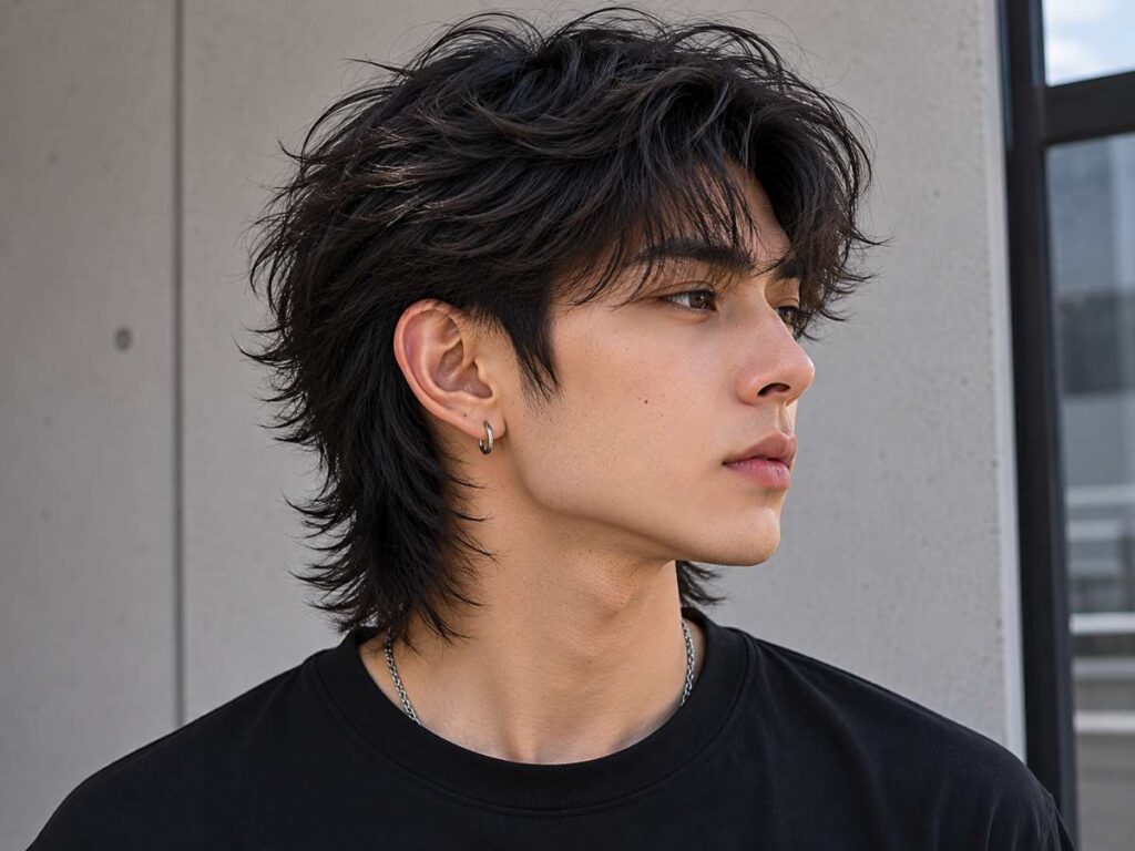 Asian K-pop mullet hairstyle for men with layered texture, soft volume, and sleek stylish modern hair trends