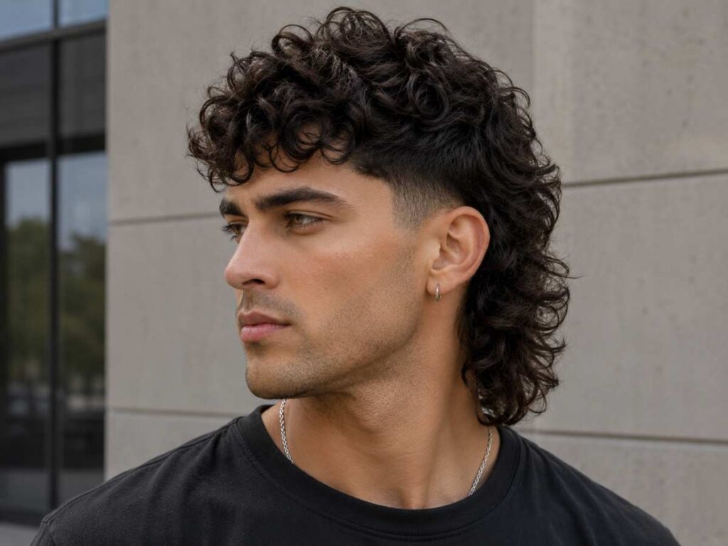 Curly mullet hairstyle for men with natural texture, faded sides, and voluminous curls for a bold trendy look