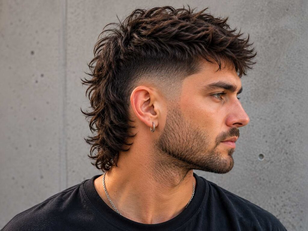 Fade mullet hairstyle for men with sharp faded sides, textured layers, and modern volume for a stylish bold look