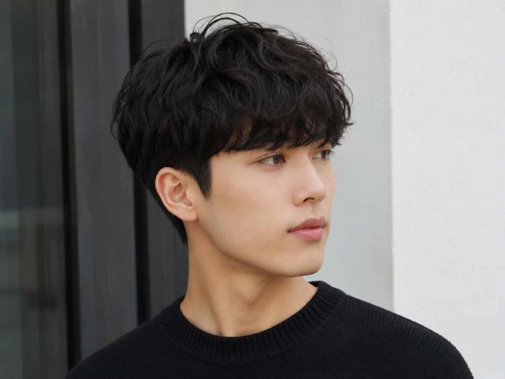 Korean wavy bowl cut is one of the best hairstyles for wavy hair men, with a rounded shape and soft natural wave.