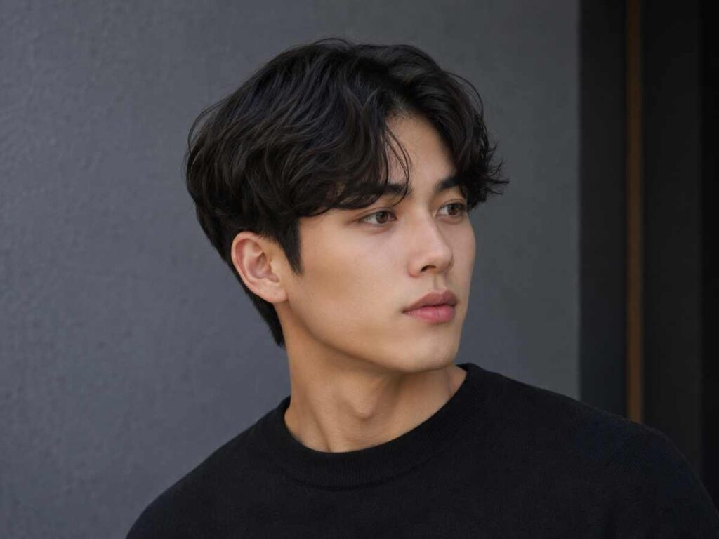 Korean wavy center part is one of the best hairstyles for wavy hair men, with soft curtain bangs and a middle split.