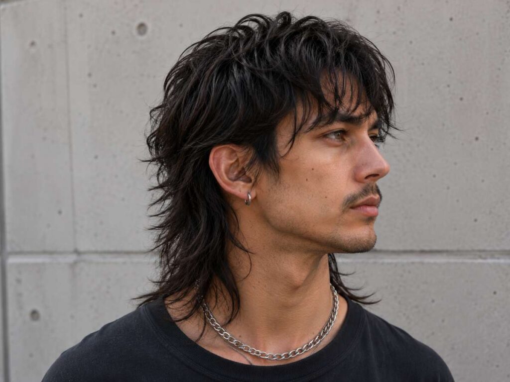 Layered long mullet hairstyle for men with textured length, dramatic layers, and modern edgy styling inspiration