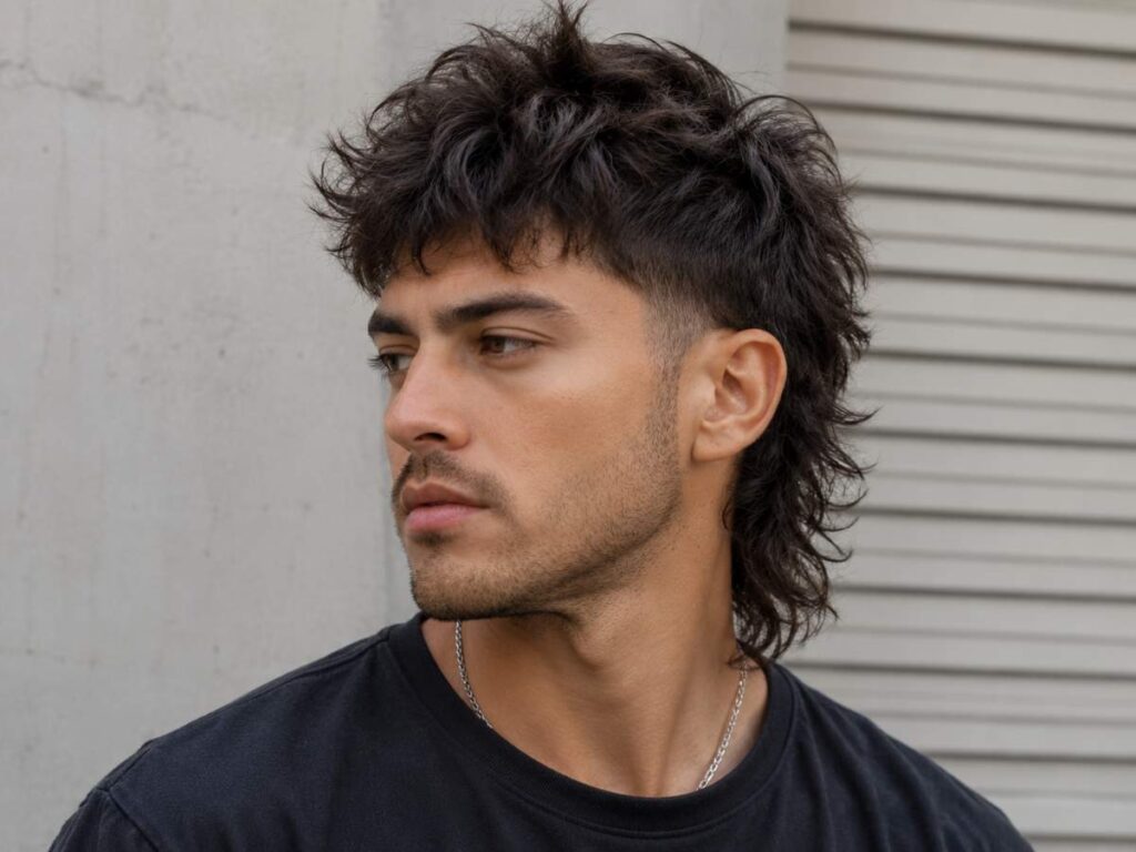 Modern textured mullet hairstyle for men with faded sides, messy layers, and trendy volume for a stylish look