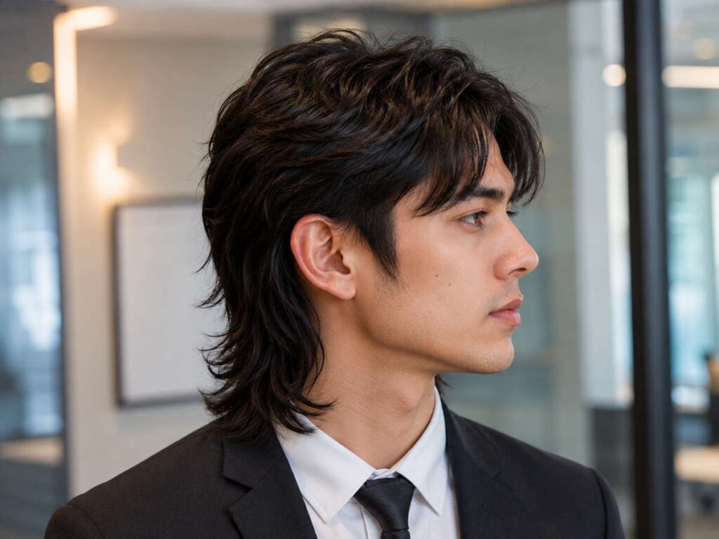 Professional mullet hairstyle for men with clean layers, sleek texture, and workplace-friendly modern styling look