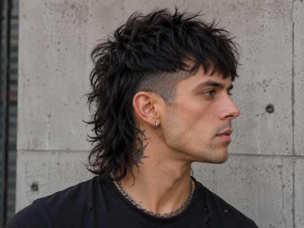 Punk-inspired mullet hairstyle for men with edgy layers, textured volume, and shaved sides for a bold look