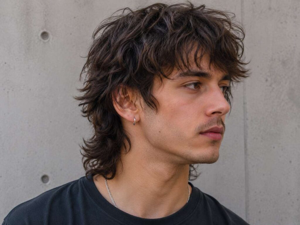Shaggy mullet hairstyle for men with layered texture, relaxed volume, and soft messy waves for a stylish look