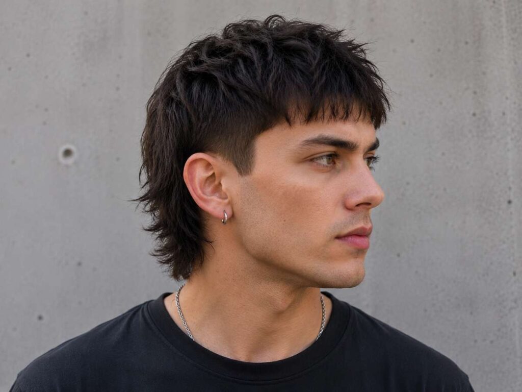 Short mullet hairstyle for men with subtle layers, clean texture, and modern styling for a sharp casual appearance