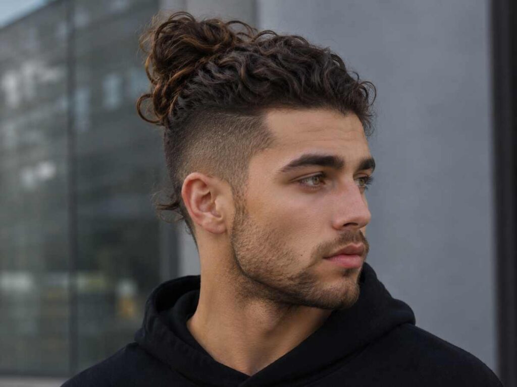 Top knot with waves is one of the best hairstyles for wavy hair men, tying long textured waves above shaved sides.