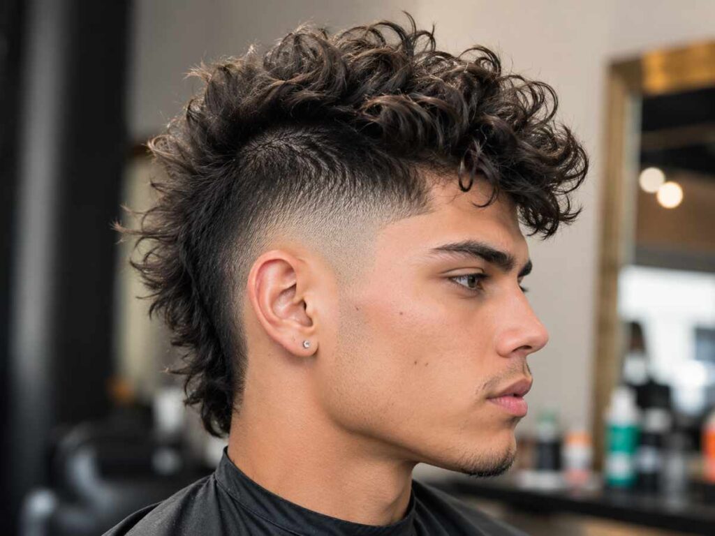 Wavy mohawk styled as one of the best hairstyles for wavy hair men, featuring tall volume and tapered short sides for edge.