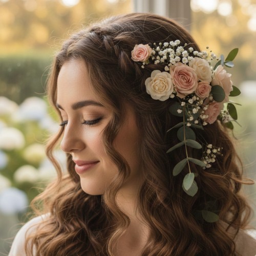 Romantic curls with floral accessories